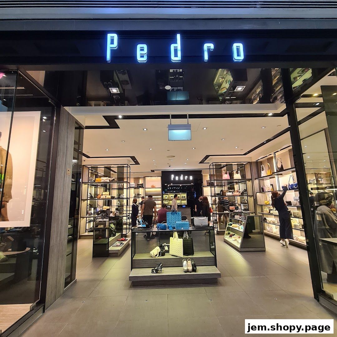 The entrance of a Pedro shoe and bag store, showcasing stylish footwear and handbags.