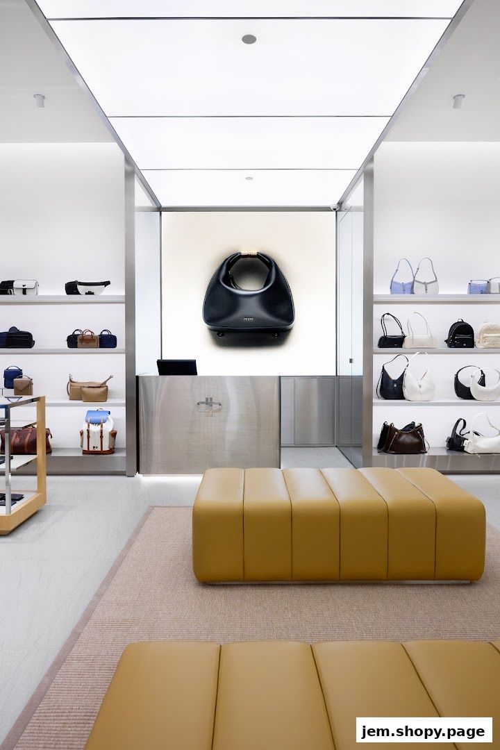 Interior of a modern handbag store with shelves displaying various bags and a prominent display.
