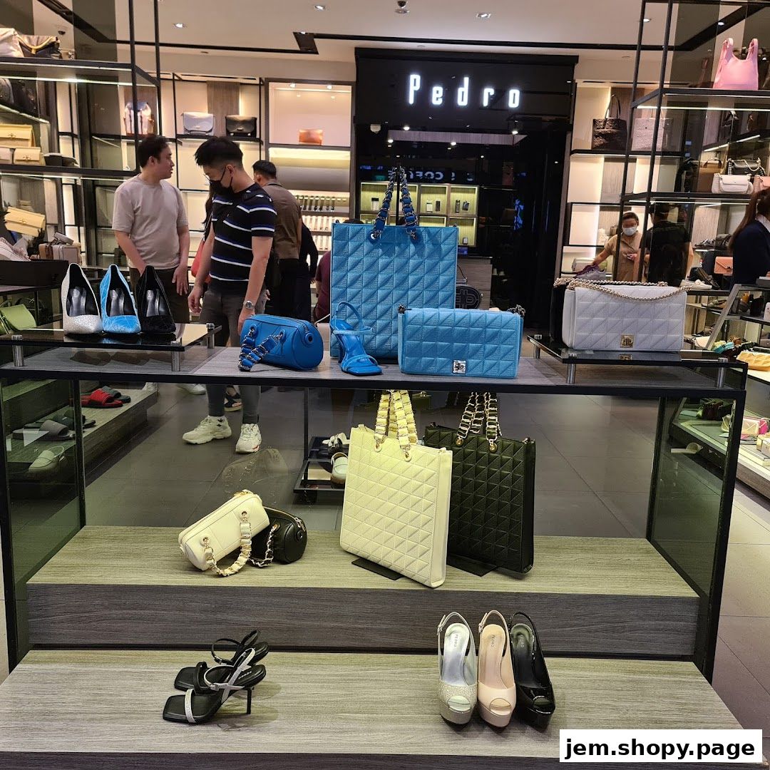 A display of stylish handbags and shoes at the Pedro store.
