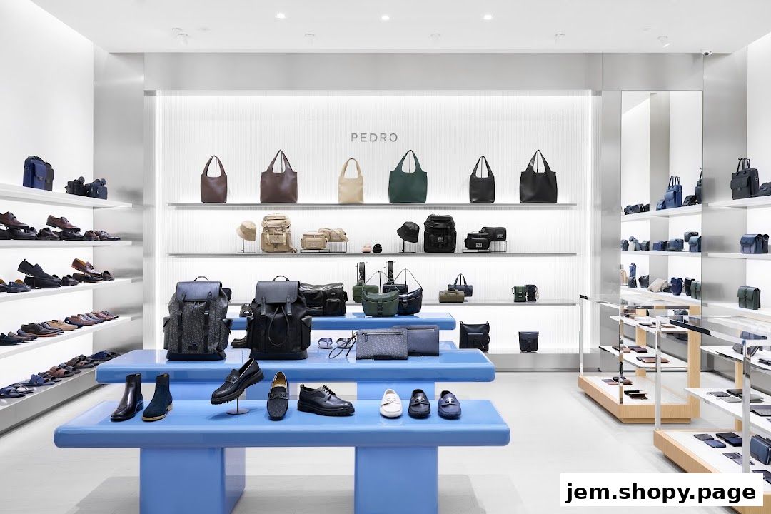 Interior view of a PEDRO Jem store showcasing shoes and handbags on display shelves.