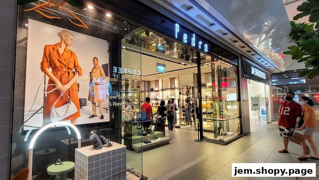 PEDRO Jem store front with fashion displays and handbags visible inside.