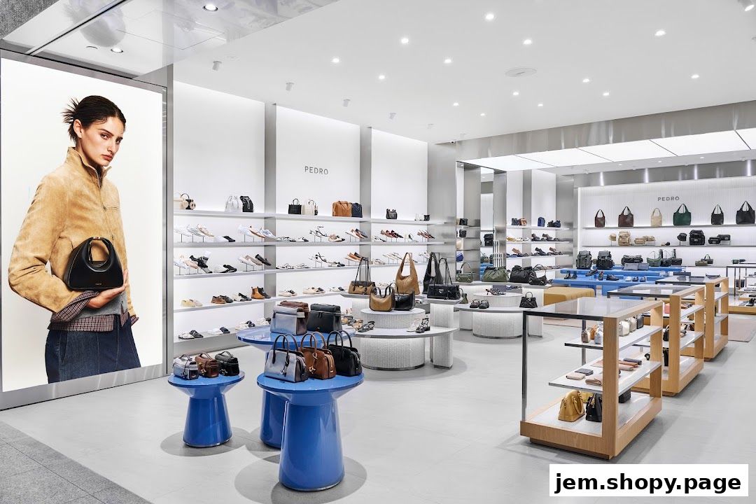 Interior of a modern PEDRO shoe and handbag store with displays of merchandise.