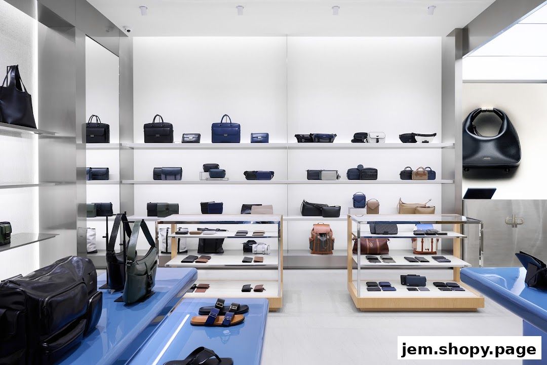 Interior view of a modern retail store displaying a variety of handbags and accessories on shelves.