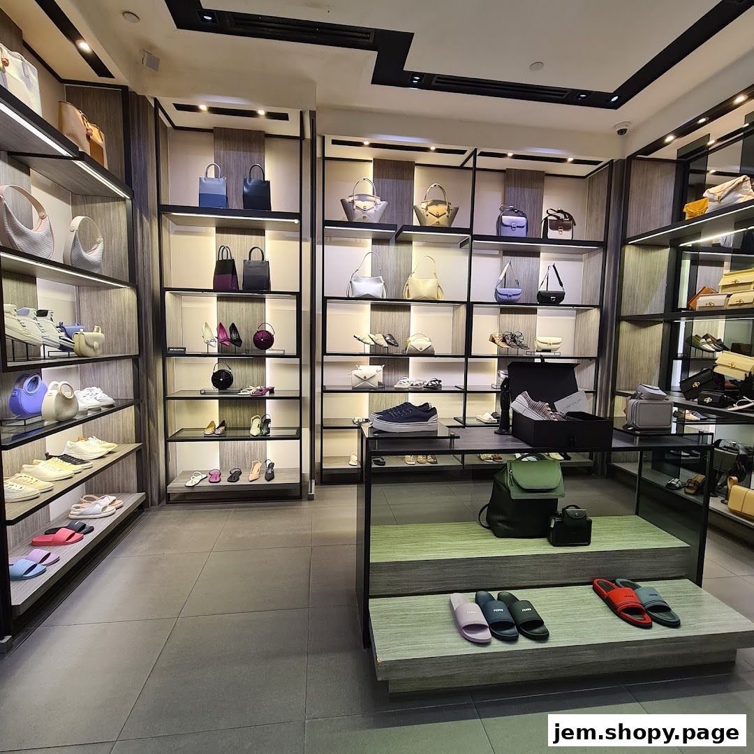 Interior view of a PEDRO Jem shoe and handbag store showcasing various footwear and bags on shelves.