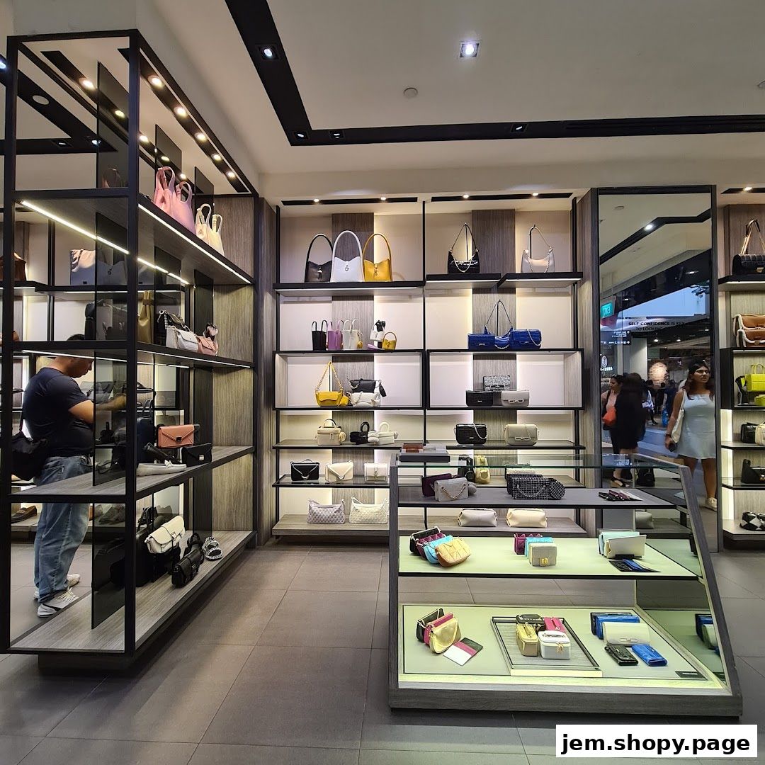 Interior of a PEDRO Jem shop showcasing a wide variety of handbags and accessories on display shelves.