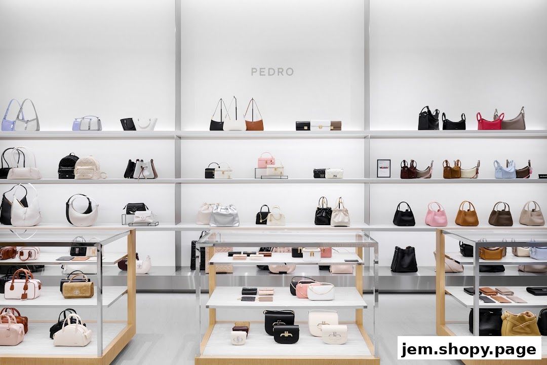 A well-lit retail store interior showcasing a wide variety of handbags on display shelves.