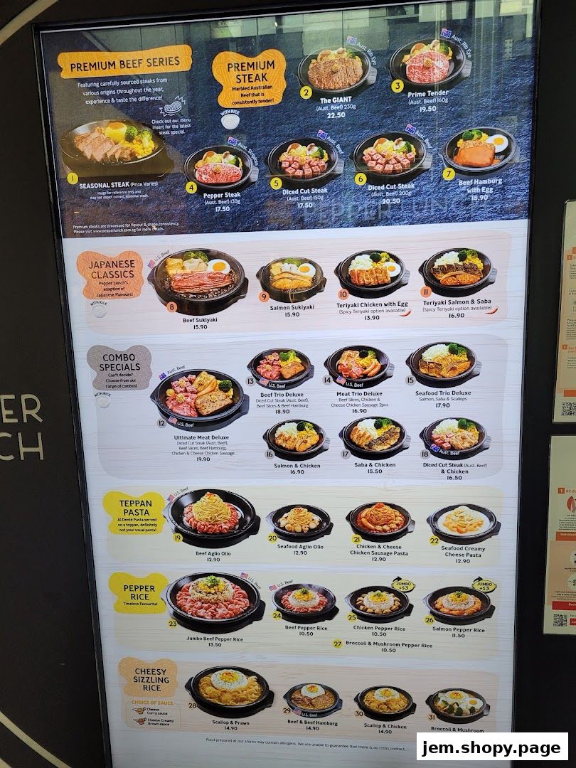 A menu board displaying various steak, pasta, rice, and combo dishes with prices.