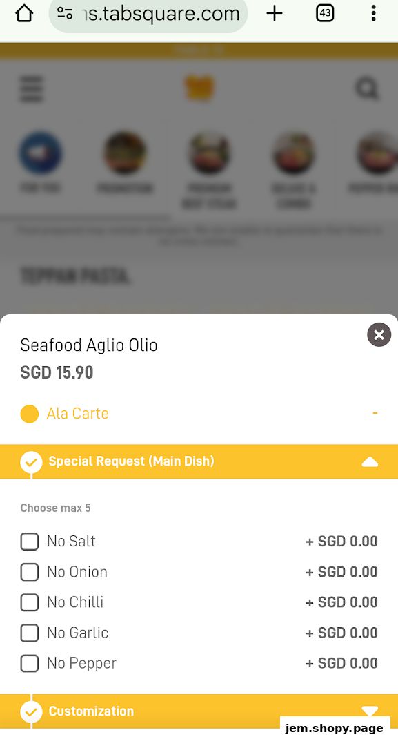 A digital menu showing Seafood Aglio Olio with customization options.