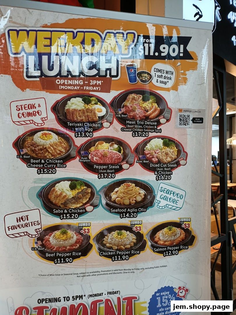A menu board for Pepper Lunch featuring weekday lunch specials and hot favorites.