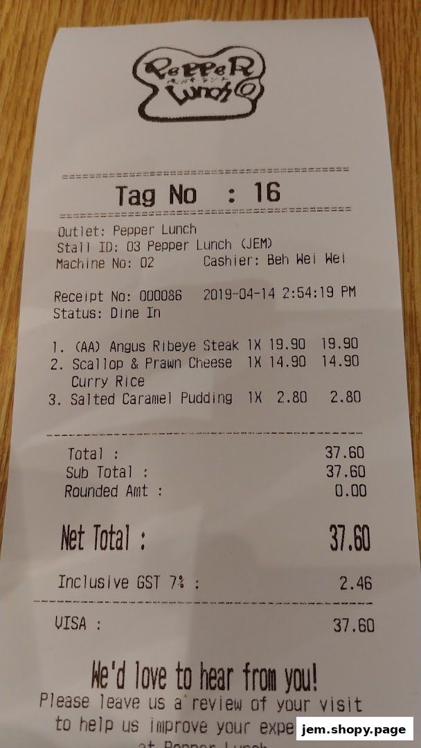 A receipt from Pepper Lunch showing food items and their prices.