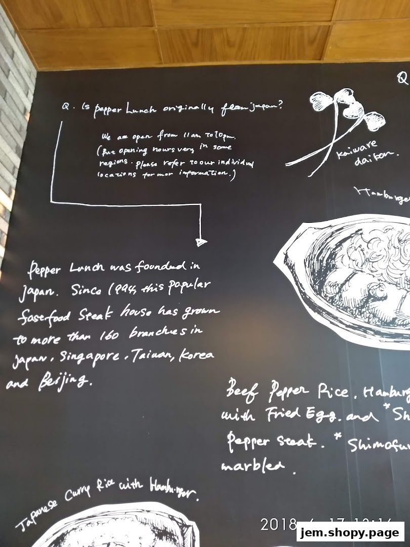 A chalk-style illustration and text detailing Pepper Lunch's origin and menu items.