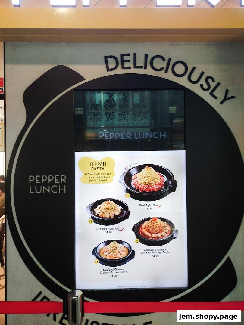 A menu display for Pepper Lunch featuring Teppan Pasta dishes with prices.