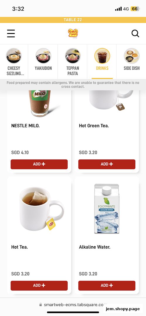 A digital menu displaying drinks and side dishes from Pepper Lunch.