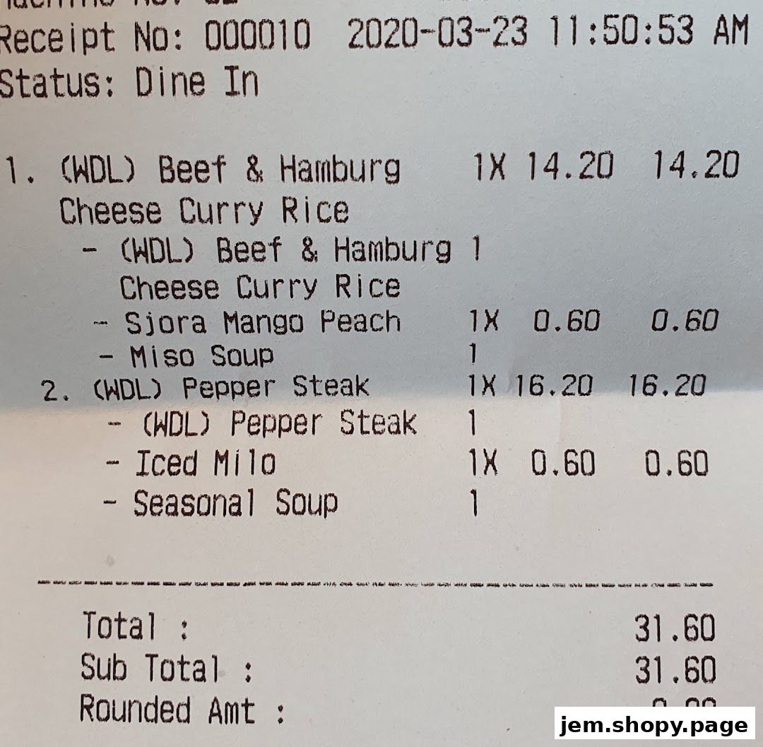 A receipt from Pepper Lunch showing dine-in orders and total cost.