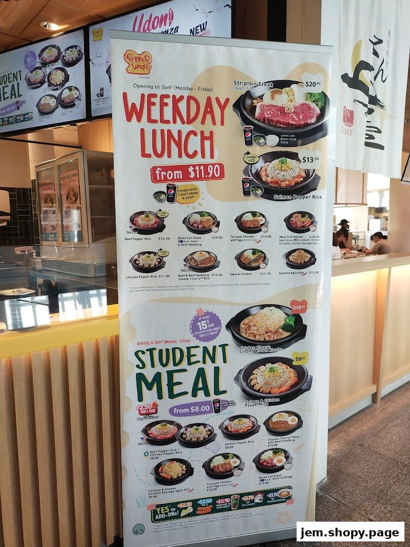A promotional banner for Pepper Lunch featuring weekday lunch and student meal deals.