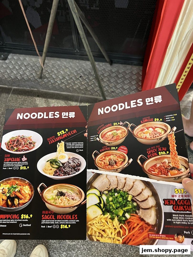 A menu showcasing various Korean noodle dishes with appetizing images and prices.