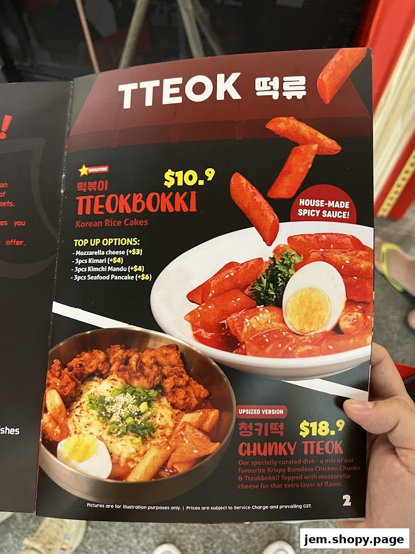 A menu page showcasing Korean Tteokbokki dishes with prices and topping options.