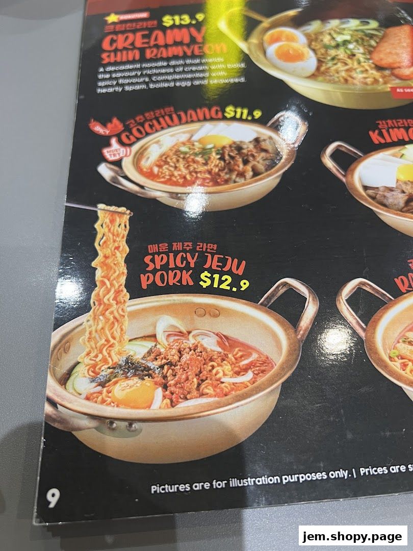 A menu showcasing various Korean noodle dishes with prices and descriptions.