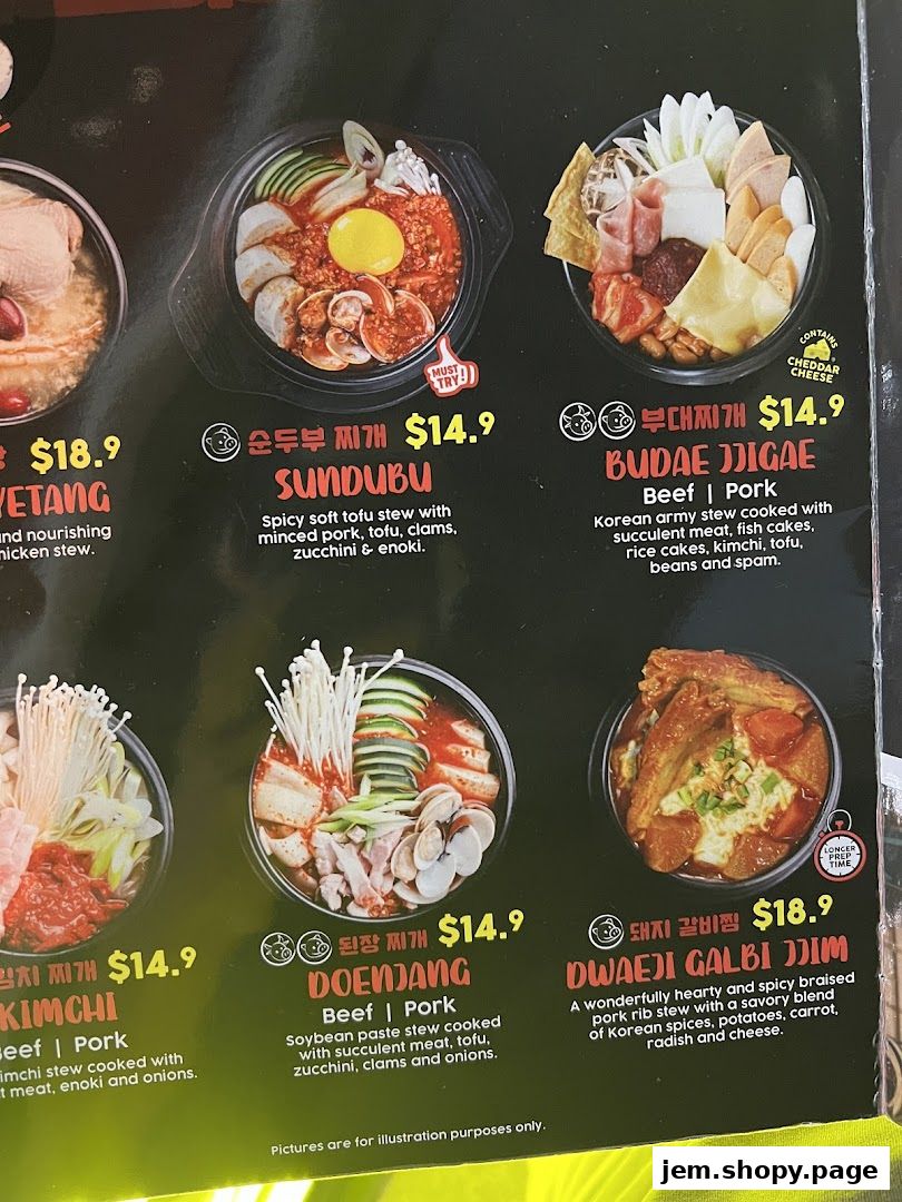 A menu showcasing various Korean stews and dishes with prices and descriptions.