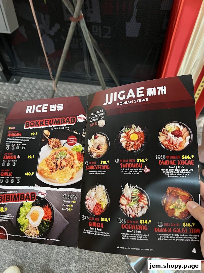 A menu from POCHA! Korean Street Dining featuring rice dishes and stews.