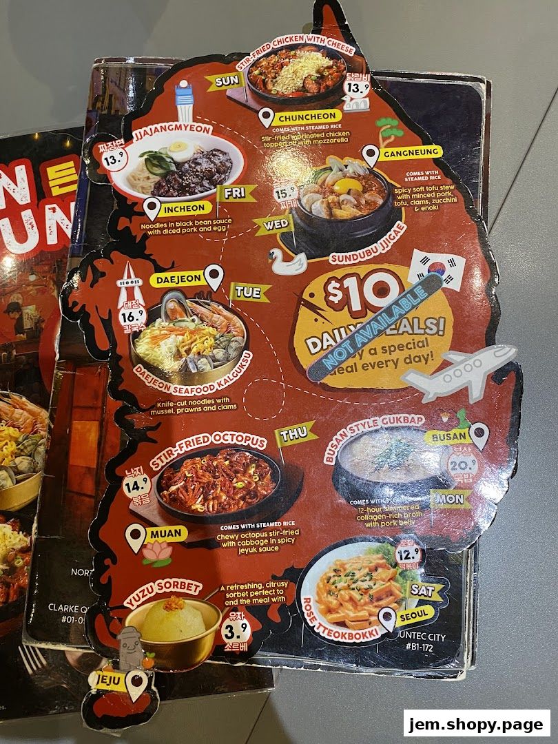 A colorful menu showcasing various Korean street food dishes with prices and descriptions.