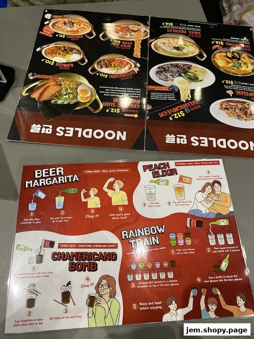 A menu featuring Korean noodles, drinks, and cocktail recipes.