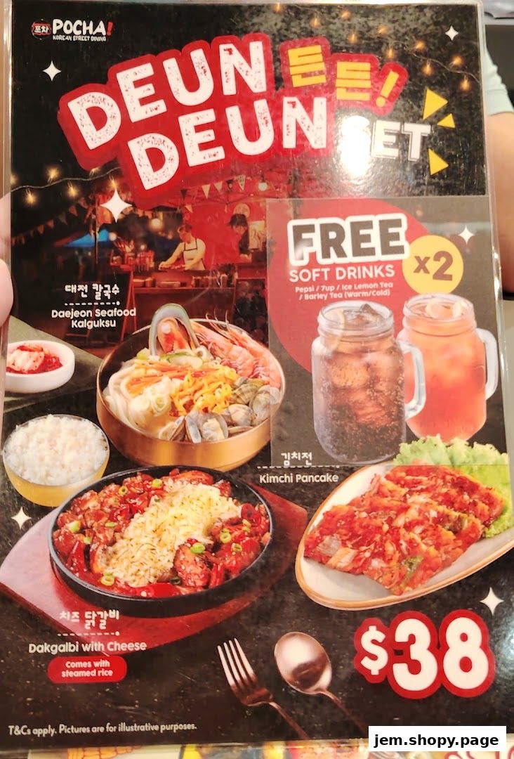 A menu for POCHA! Korean Street Dining featuring a set meal with various Korean dishes and free drinks.