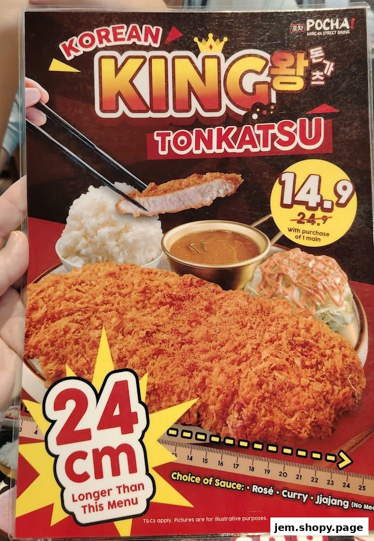 A menu featuring Korean King Tonkatsu with rice, sauce, and salad.