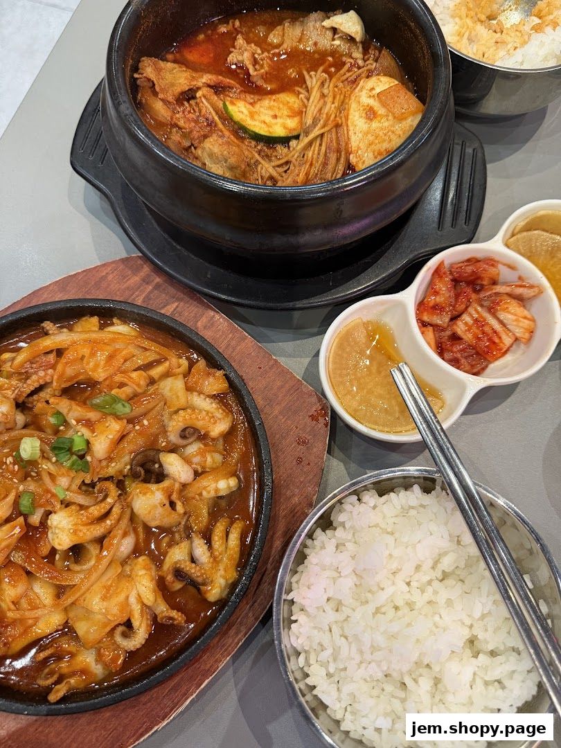 A close-up of Korean street food dishes including spicy octopus, stew, and rice.