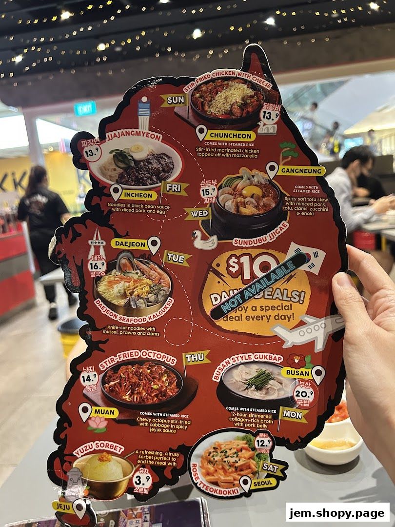 A Korean street food menu shaped like South Korea, featuring various dishes and prices.