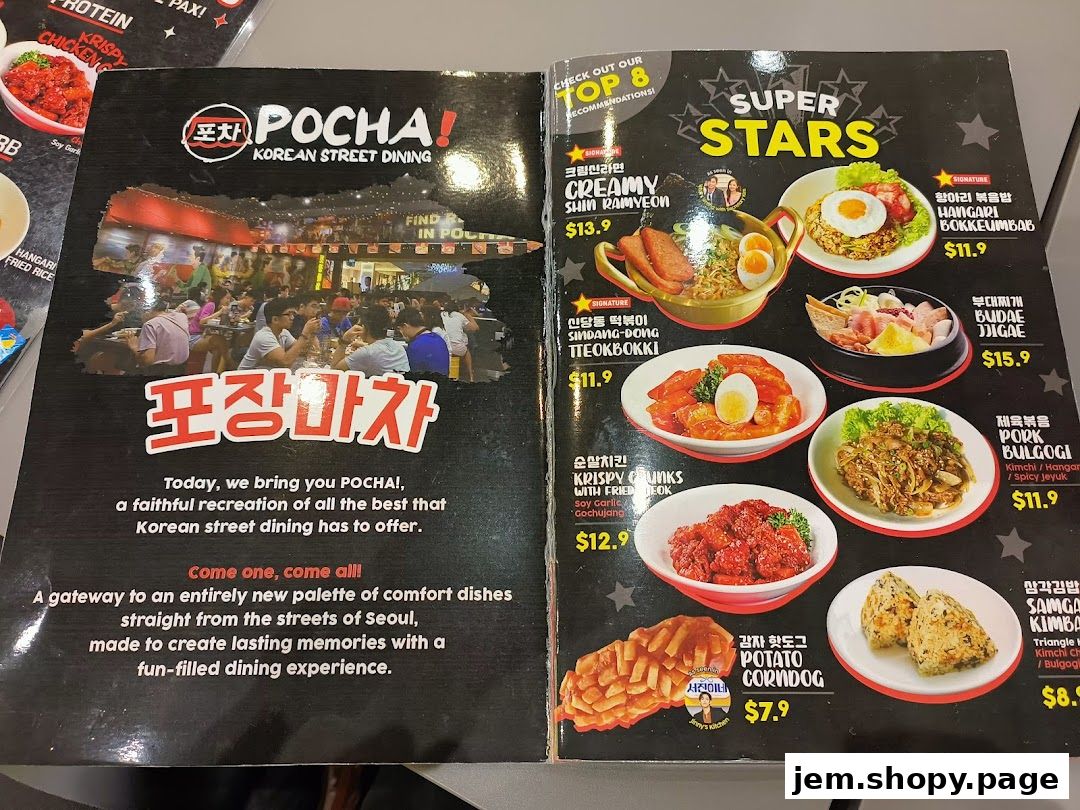 A menu from POCHA! Korean Street Dining showcasing various dishes and their prices.