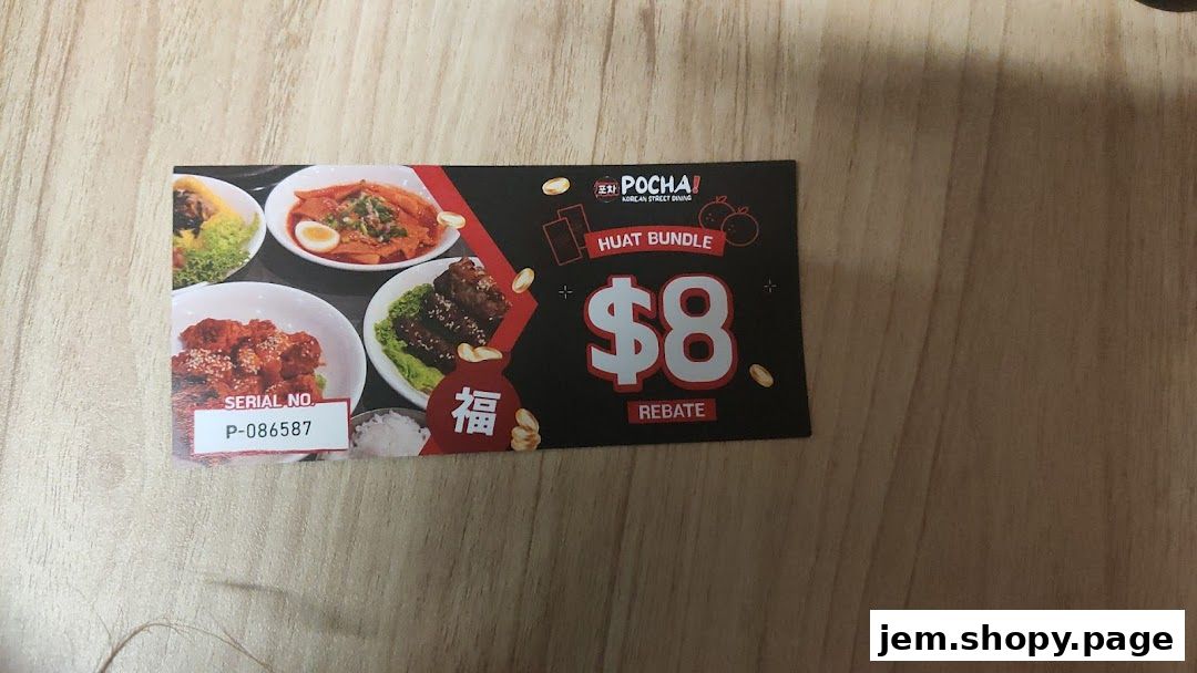 A promotional flyer for POCHA! Korean Street Dining, advertising an $8 rebate on a Huat Bundle.