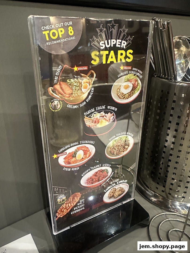 A menu display showcasing "Super Stars" recommendations with images of Korean street food.