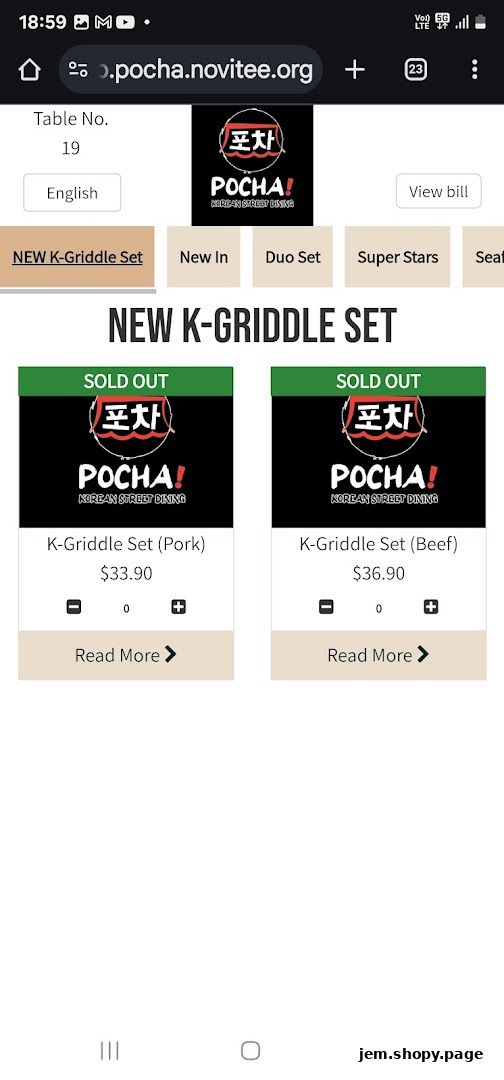 POCHA! Korean Street Dining menu featuring K-Griddle Sets, some of which are sold out.