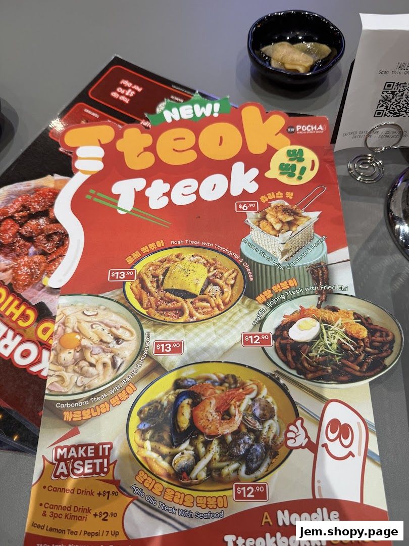 A menu from POCHA! Korean Street Dining featuring various Tteokbokki dishes.