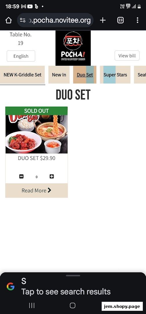 A digital menu displaying a 'Duo Set' from POCHA! Korean Street Dining.