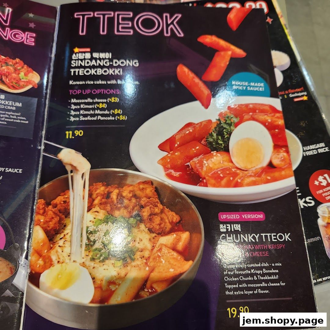 A menu featuring Korean Tteokbokki dishes with various toppings and options.