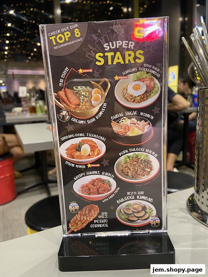 A menu display showcasing 8 popular Korean street food dishes from POCHA! Korean Street Dining.