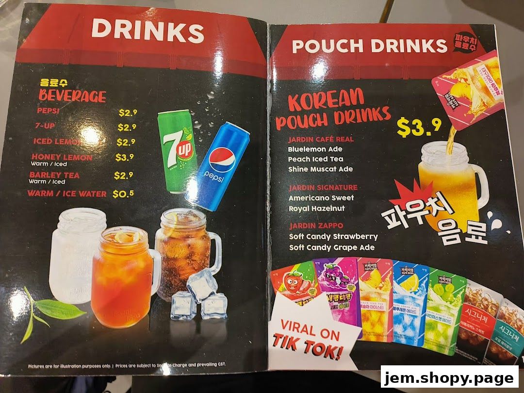 A menu showcasing Korean drinks, including beverages and pouch drinks with prices.