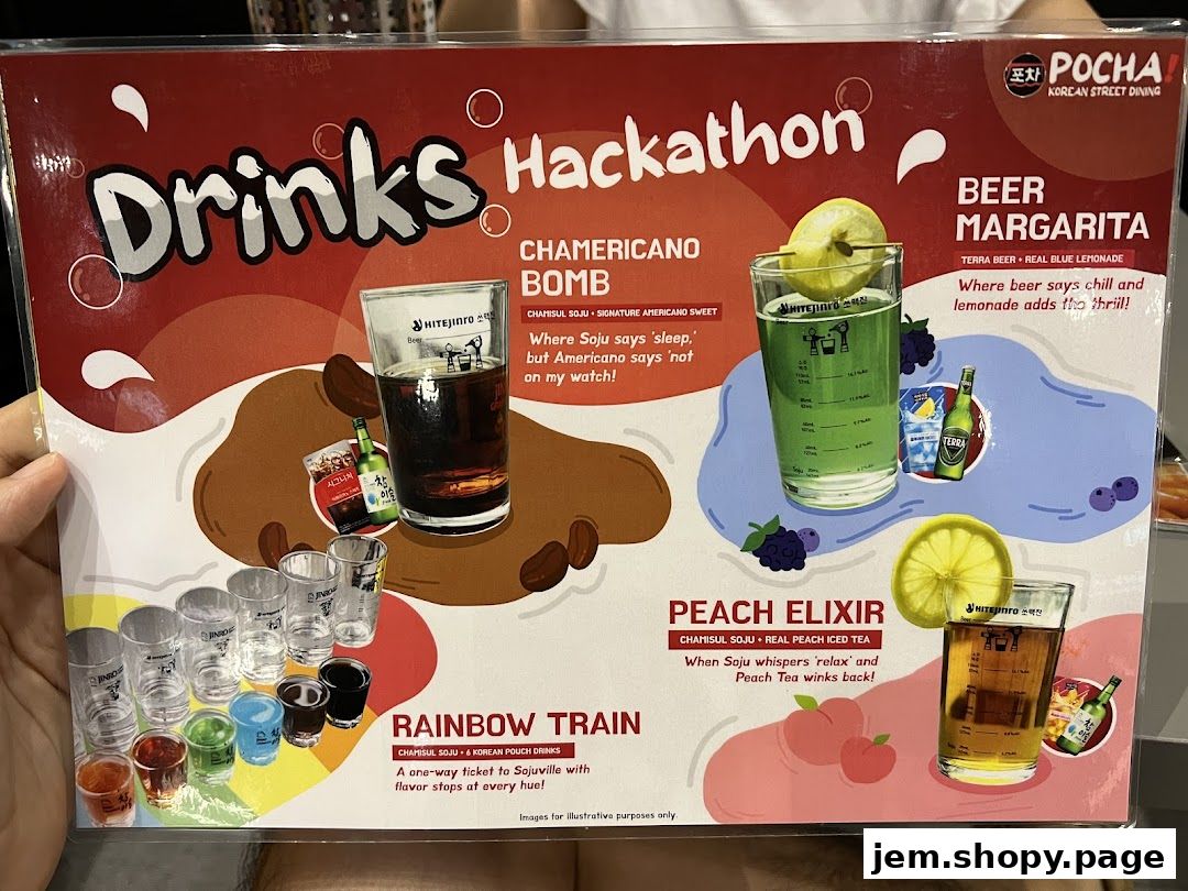 A menu board showcasing Korean street dining drinks like Chamericano Bomb and Peach Elixir.