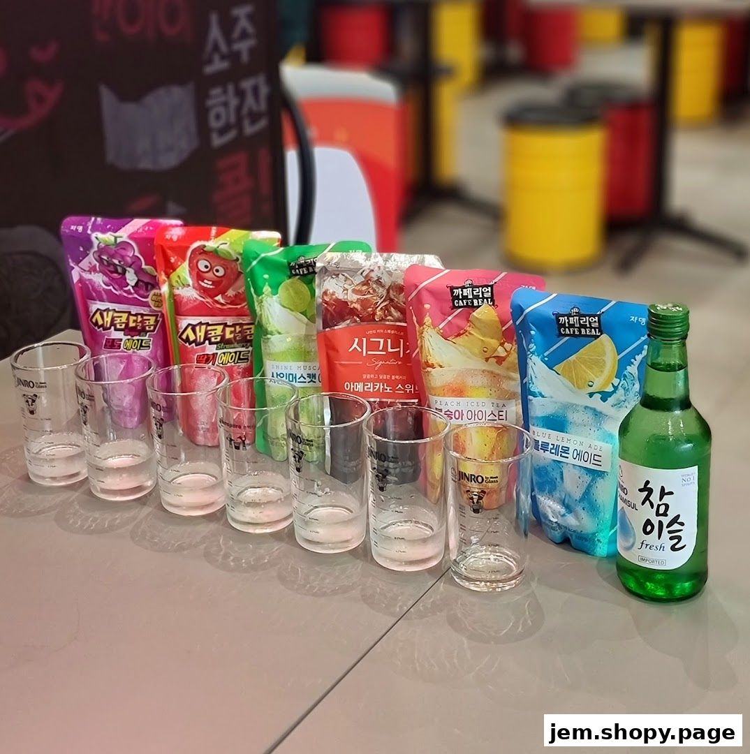 A selection of Korean fruit-flavored drinks and soju with tasting glasses.