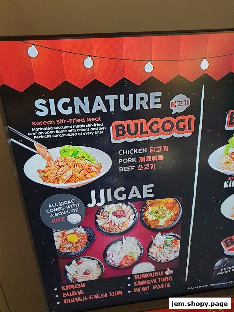 A menu display for Korean street dining featuring Bulgogi and Jjigae dishes.