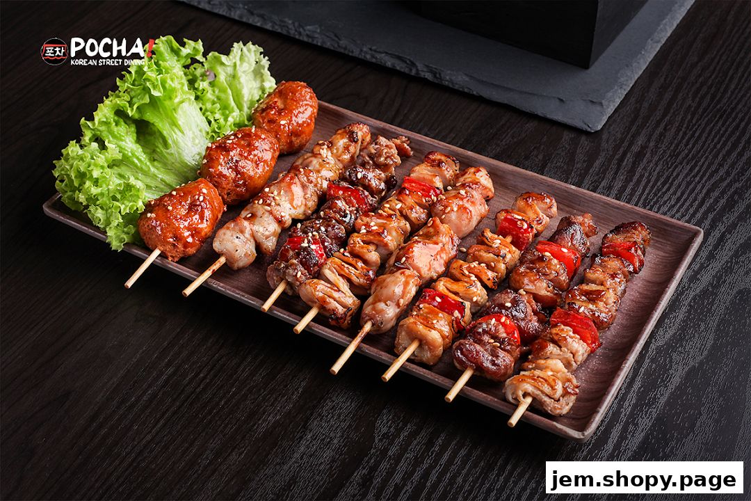 A platter of assorted Korean street food skewers with lettuce.