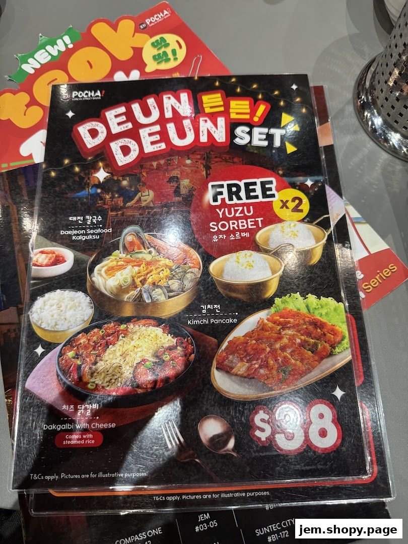 A menu for POCHA! Korean Street Dining featuring the Deun Deun Set with various dishes and free sorbet.