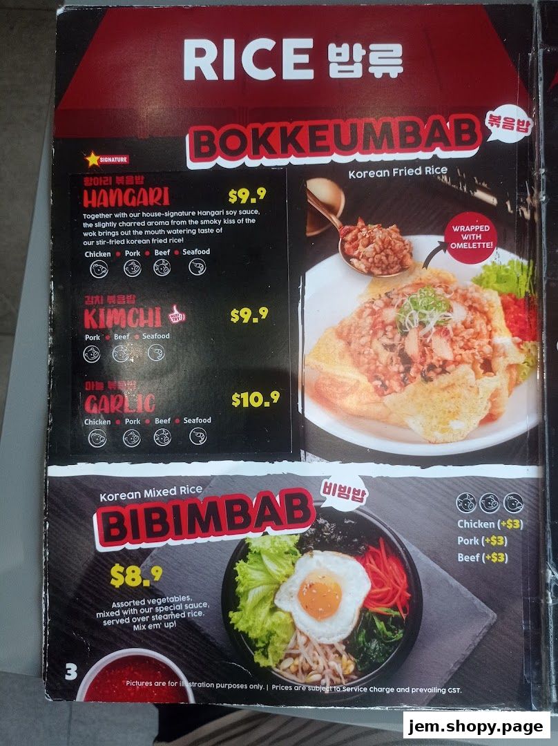 A menu page showcasing Korean rice dishes like Bokkeumbab and Bibimbab.