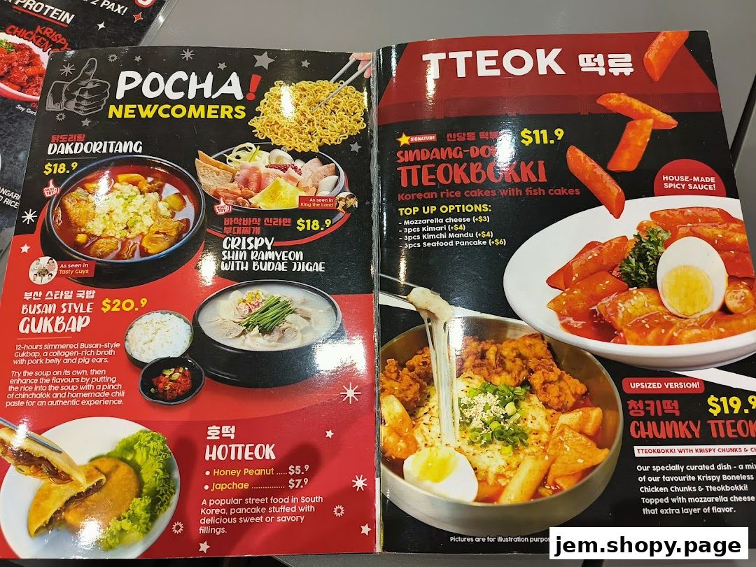 A menu showcasing Korean street food dishes like Dakdoritang, Gukbap, Shin Ramyeon, Tteokbokki, and Hotteok.