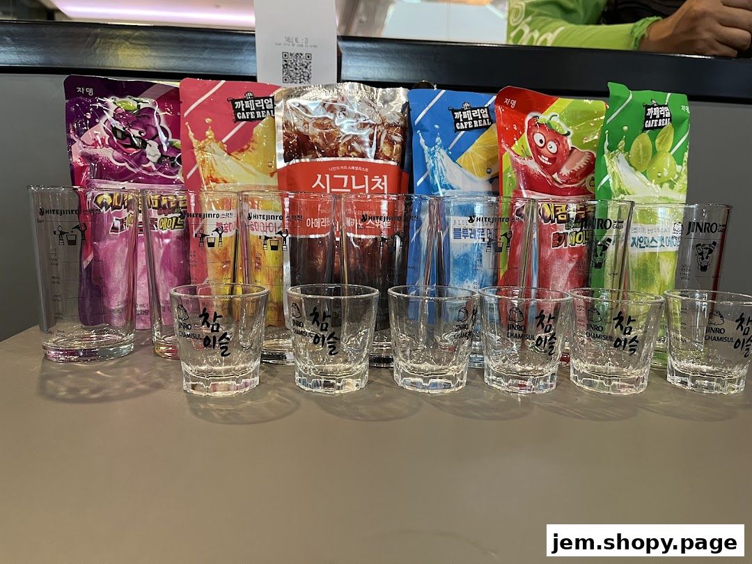 A display of Korean street dining beverages and shot glasses.