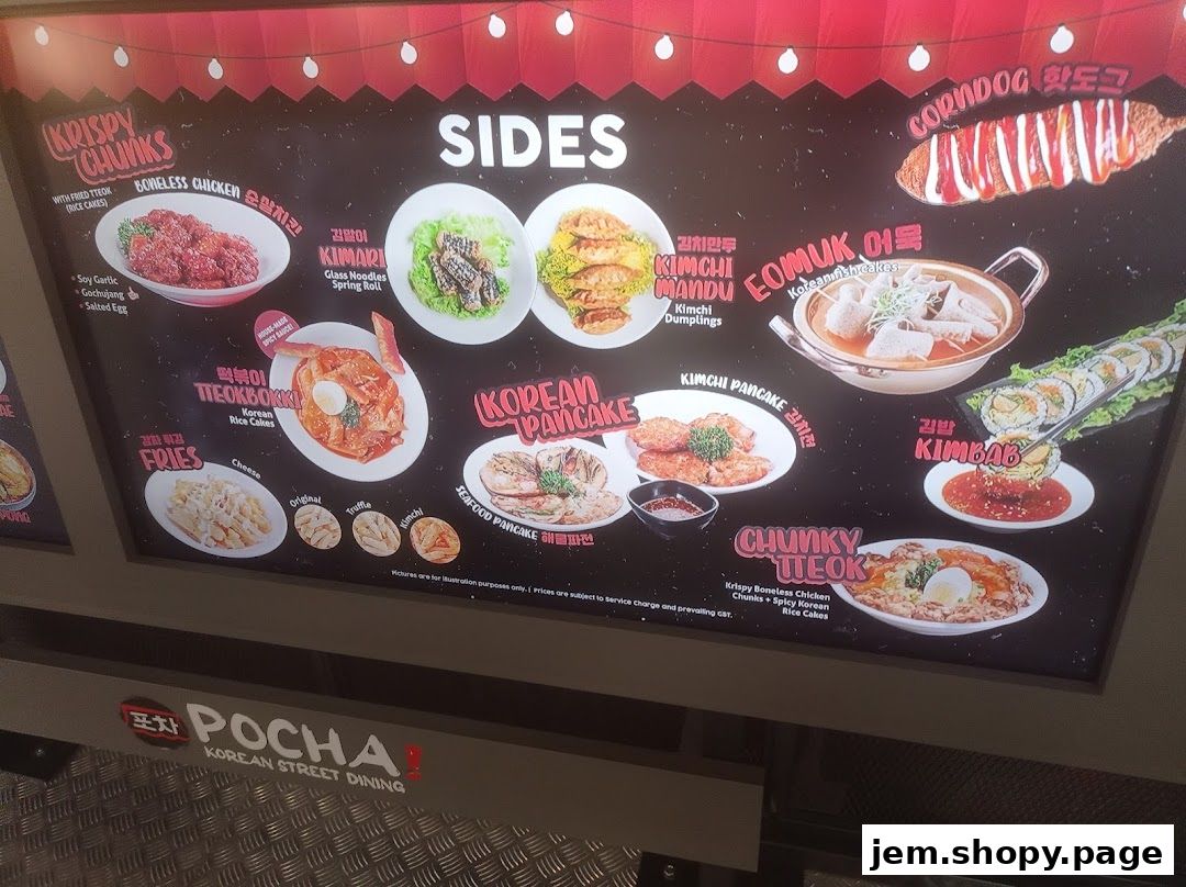 A menu board displaying various Korean street food dishes with images and names.