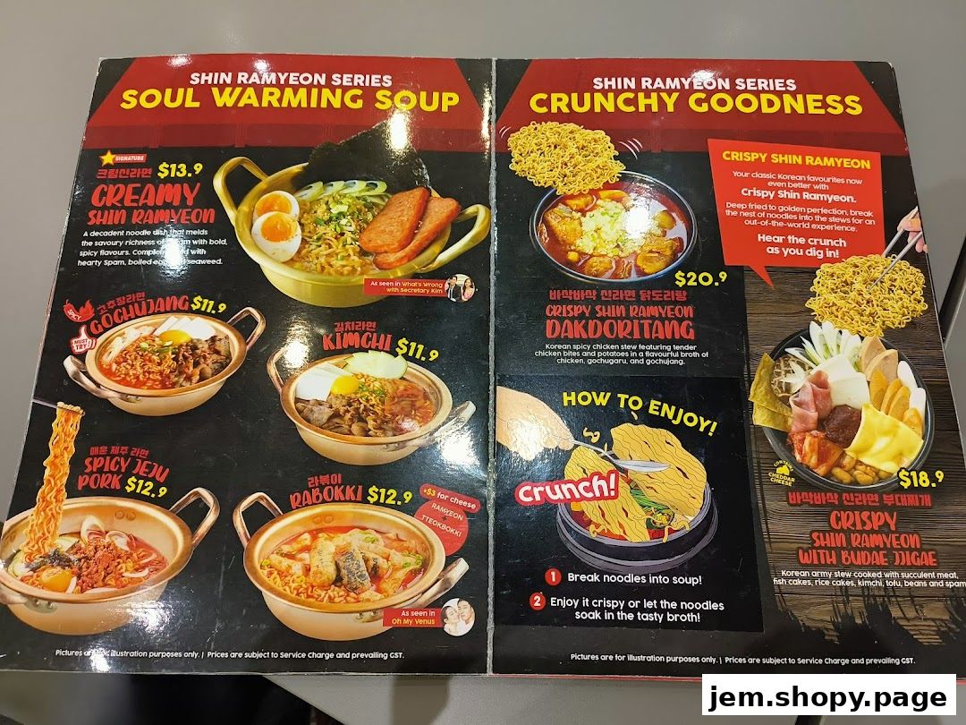 A menu showcasing Korean Shin Ramyeon dishes, including soup and crunchy options.