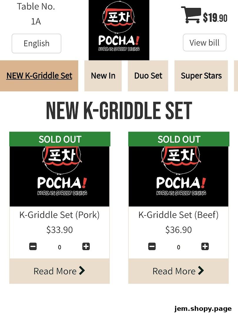 Menu display for POCHA! Korean Street Dining, showing K-Griddle Sets.